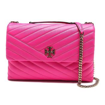 TORY BURCH 斜紋衍縫翻蓋斜背包－桃紅