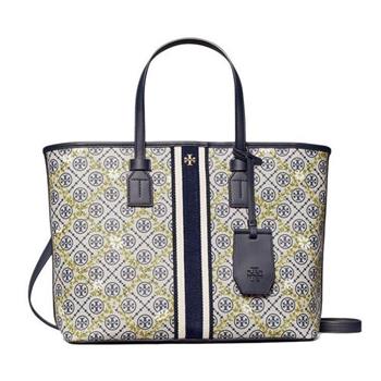 TORY BURCH 帆布花纹邊飾皮革肩背包－深藍