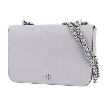 TORY BURCH 雙T－LOGO素面皮革鍊包－灰
