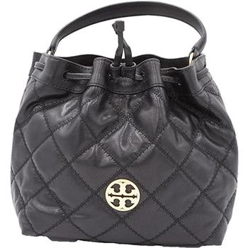 TORY BURCH 荾格紋皮革水桶包－黑色