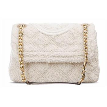 Tory burch 翻蓋菱格紋斜背鍊包－米白色