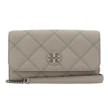 TORY BURCH 格菱紋皮革翻蓋斜背鍊包－灰