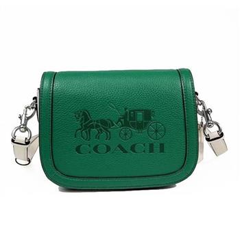 COACH 馬車LOGO皮革翻蓋迷你斜背包-綠