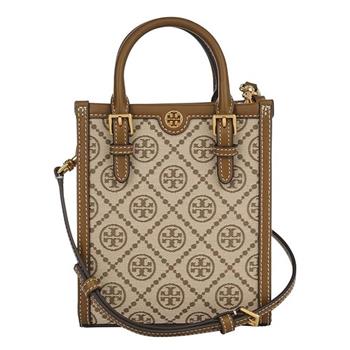 TORY BURCH 緹花拼接皮革滿版LOGO兩用包－卡其駝