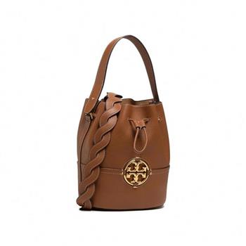 Tory burch 雙T－LOGO素面皮革水桶包－焦糖