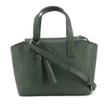 TORY BURCH 素面皮革流蘇斜背手提包－深綠
