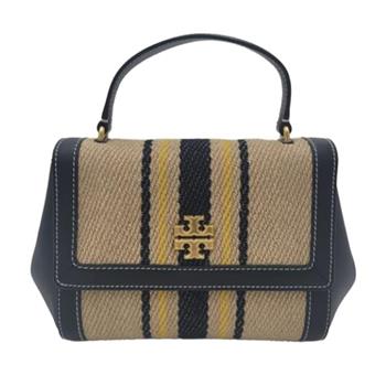 TORY BURCH 拼接皮革條紋翻蓋斜背竹籐包－黑邊
