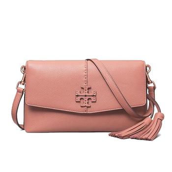 Tory Burch 素面皮革流蘇斜背包－粉