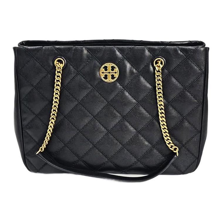 Tory Burch 格菱紋皮革鍊帶托特包-黑色