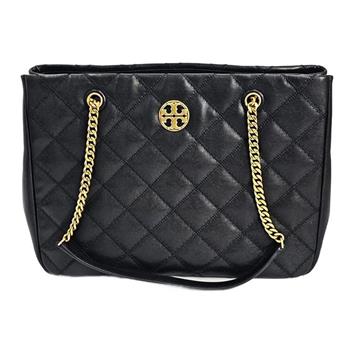 Tory Burch 格菱紋皮革鍊帶托特包－黑色