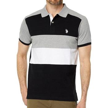 【US Polo】2024男時尚小馬球條紋拼黑灰白色短袖POLO(預購)