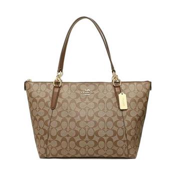 COACH 滿版LOGO皮革鍊帶托特包-卡駝