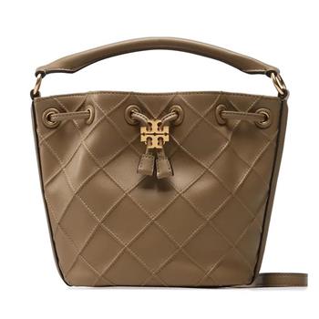 TORY BURCH 格菱紋縫線皮革水桶包－卡其