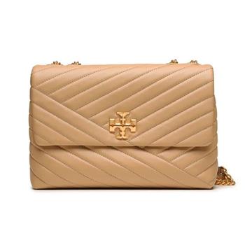 Tory burch 縫線皮革翻蓋斜背鍊包－駝色