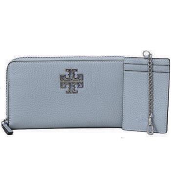 Tory burch 荔枝紋皮革拉鍊長夾－灰藍色