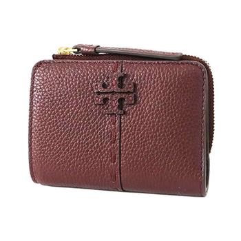Tory Burch 縫線皮革對開二折短夾－酒紅
