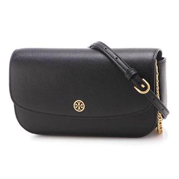 Tory Burch 素面皮革翻蓋斜揹包-黑