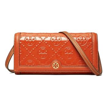 Tory Burch 滿版LOGO翻蓋皮革斜背包－愛瑪仕橘