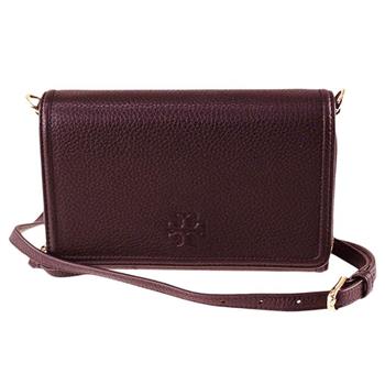 Tory burch 素面皮革翻蓋斜背包－酒紅
