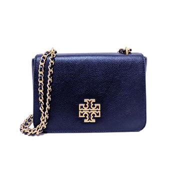 TORY BURCH 素面翻蓋皮革斜背包－深藍