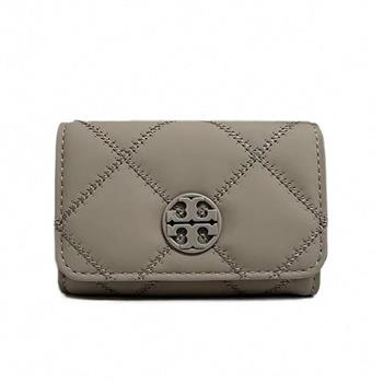 Tory Burch 格菱紋素面皮革卡面夾－灰色