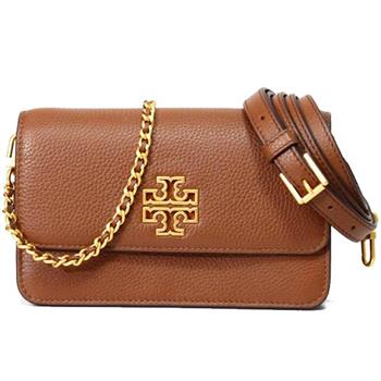 TORY BURCH 雙T LOGO翻蓋皮革斜背鍊包-焦糖