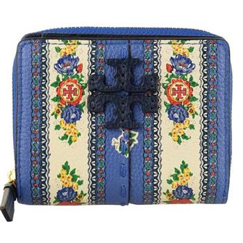 TORY BURCH 印花皮革拉鍊短夾－藍色花卉