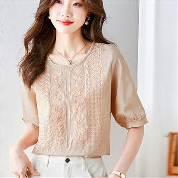 BJ COLLECTION 日系浪漫鏤空花邊刺繡燈籠袖上衣 BJC30101 淺卡其色 FREE