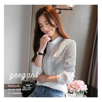 BJ COLLECTION 日系雪紡立領條紋拼接襯衫上衣 BJC30084黑白條紋色FREE
