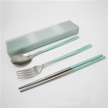 北歐 304不鏽鋼環保餐具組三件式-綠色X2組+粉橘色X2組