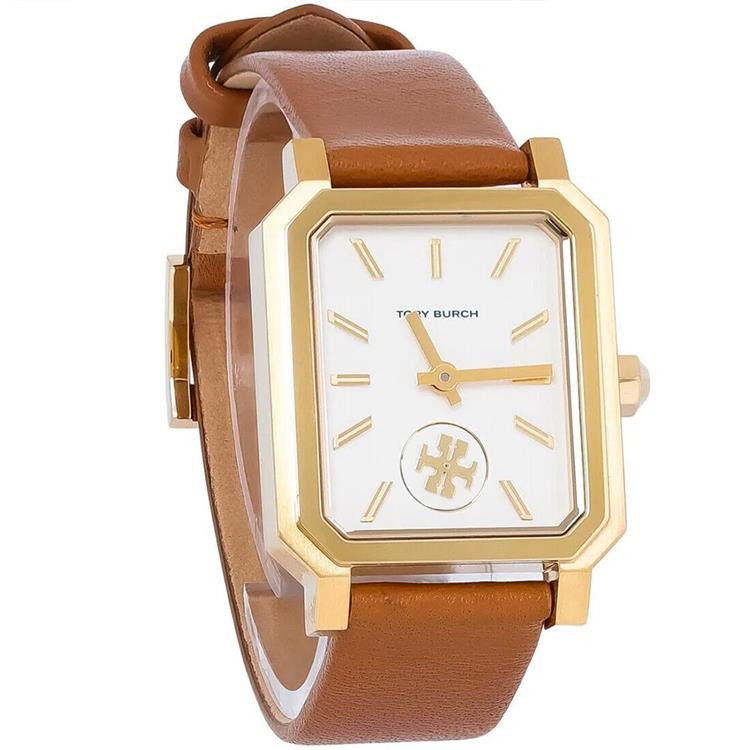 TORY BURCH 雙T-LOGO簡約皮革腕錶-駝