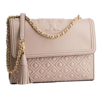 TORY BURCH 格紋皮革翻蓋鍊包－粉膚色