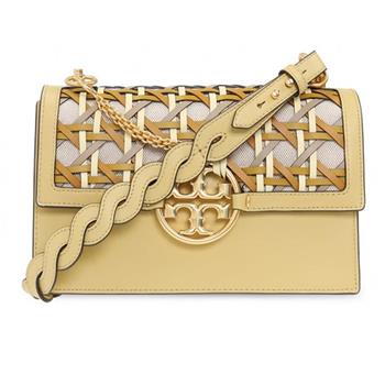 TORY BURCH 編織皮革翻蓋斜背鍊包－黃
