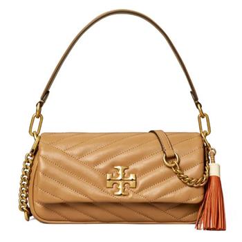 TORY BURCH 絎縫皮革流蘇翻蓋斜背鍊包－駝色