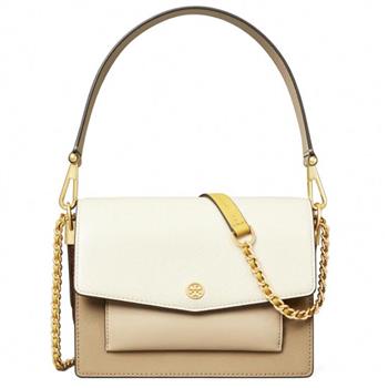 TORY BURCH 拼接皮革翻蓋斜背鍊包－米白
