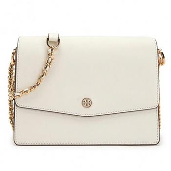 TORY BURCH 防刮皮革翻蓋斜背鍊包－米白