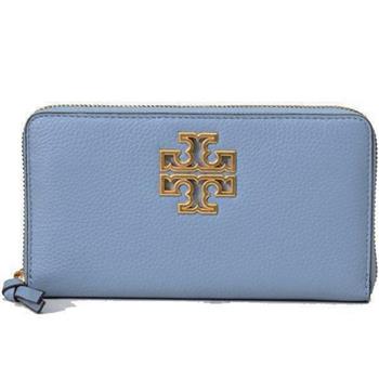Tory burch 雙T－LOGO素面皮革長夾－莫藍迪藍灰