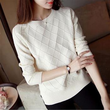 【BJ COLLECTION】日系圓領針織菱格長袖毛衣 BJC30068 米白色 FREE