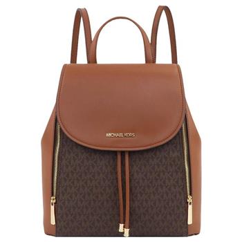 MICHAEL KORS 滿版LOGO拼接皮革後背包-咖駝