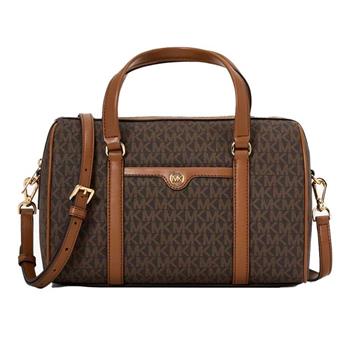 MICHAEL KORS 滿版LOGO拼接皮革兩用包-咖啡駝