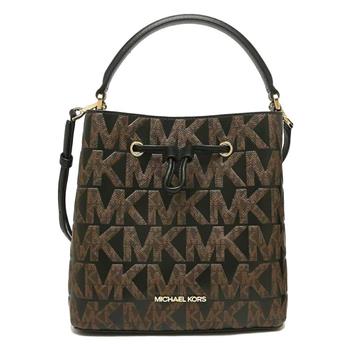 MICHAEL KORS 浮雕LOGO皮革大水桶包-咖黑