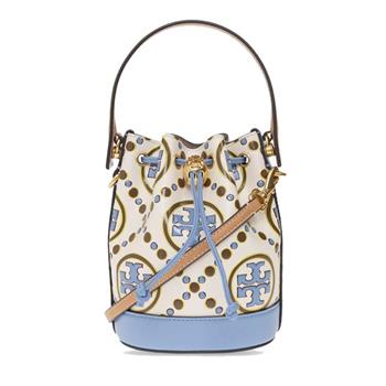 TORY BURCH 印花拼接皮革水桶包-藍
