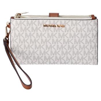 MICHAEL KORS 滿版LOGO防刮皮革雙層長夾-香草白