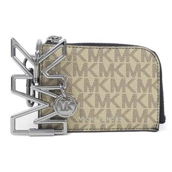 MICHAEL KORS 滿版LOGO帆布拉鍊卡夾零錢包-亞麻