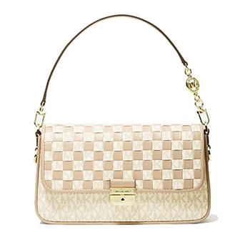 MICHAEL KORS 拼接皮革格子翻蓋兩用包-白卡其