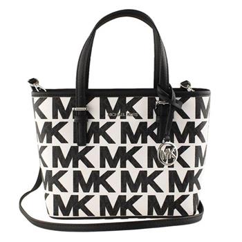 MICHAEL KORS 雙色滿版LOGO皮革托特兩用包-黑白