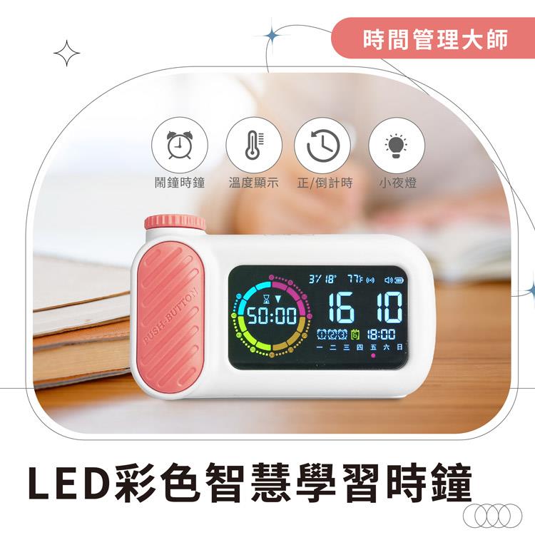 LED彩色智慧聲控學習時鐘粉色款－鬧鐘 溫度日期顯示多功能合一
