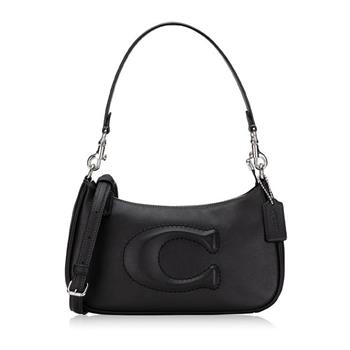 COACH 縫線LOGO皮革半月包-黑色