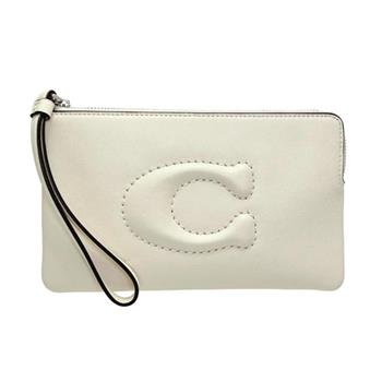 COACH 縫線LOGO皮革手拿包-白色