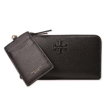TORY BURCH 浮雕LOGOㄇ型拉鍊長夾附鍊條證件夾－黑